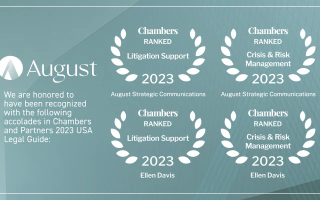 August Ranked by Chambers and Partners for Excellence in Litigation Support and Crisis Management in 2023 Guide